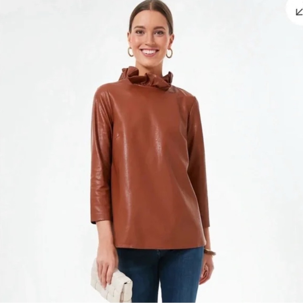 Tuckernuck Cognac Faux Leather Faye Blouse Size Small